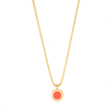 Gold-plated box chain necklace with round coral enamel pendant by Jason Hyde