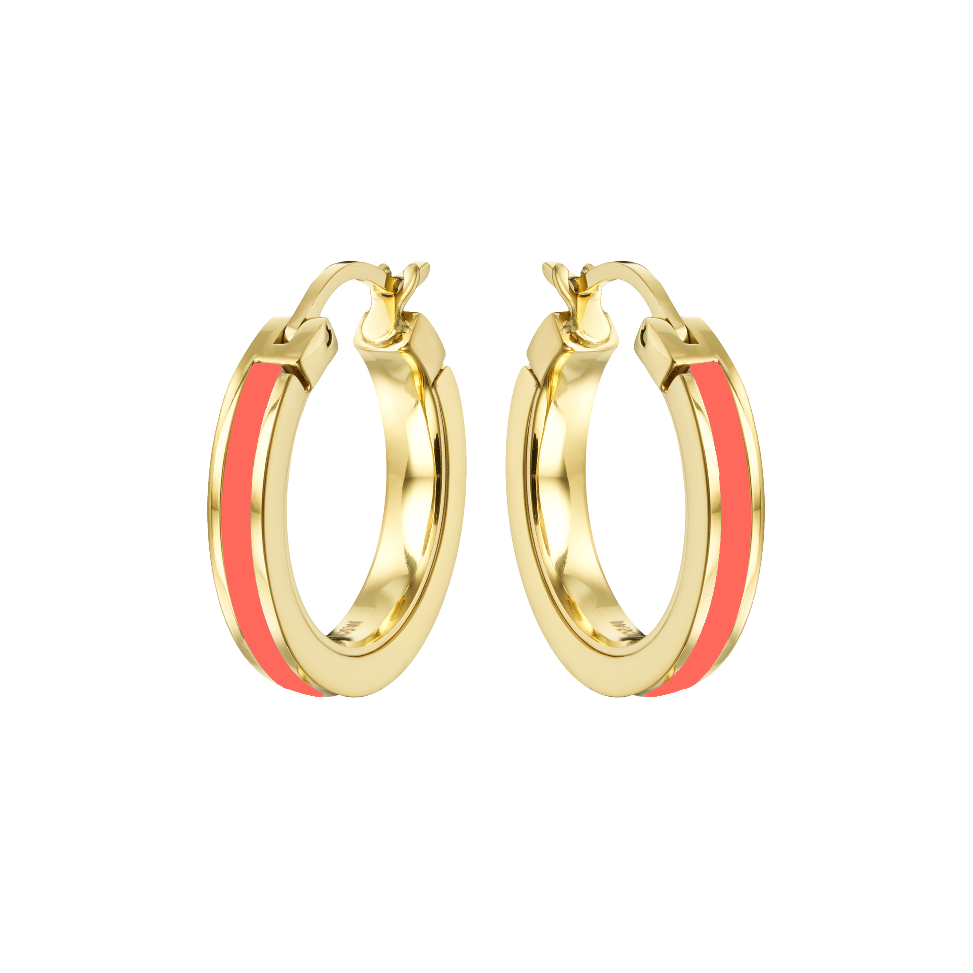 Gold-plated hoop earrings with coral enamel stripe by Jason Hyde
