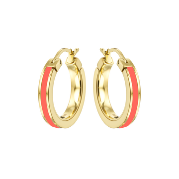 Gold-plated hoop earrings with coral enamel stripe by Jason Hyde