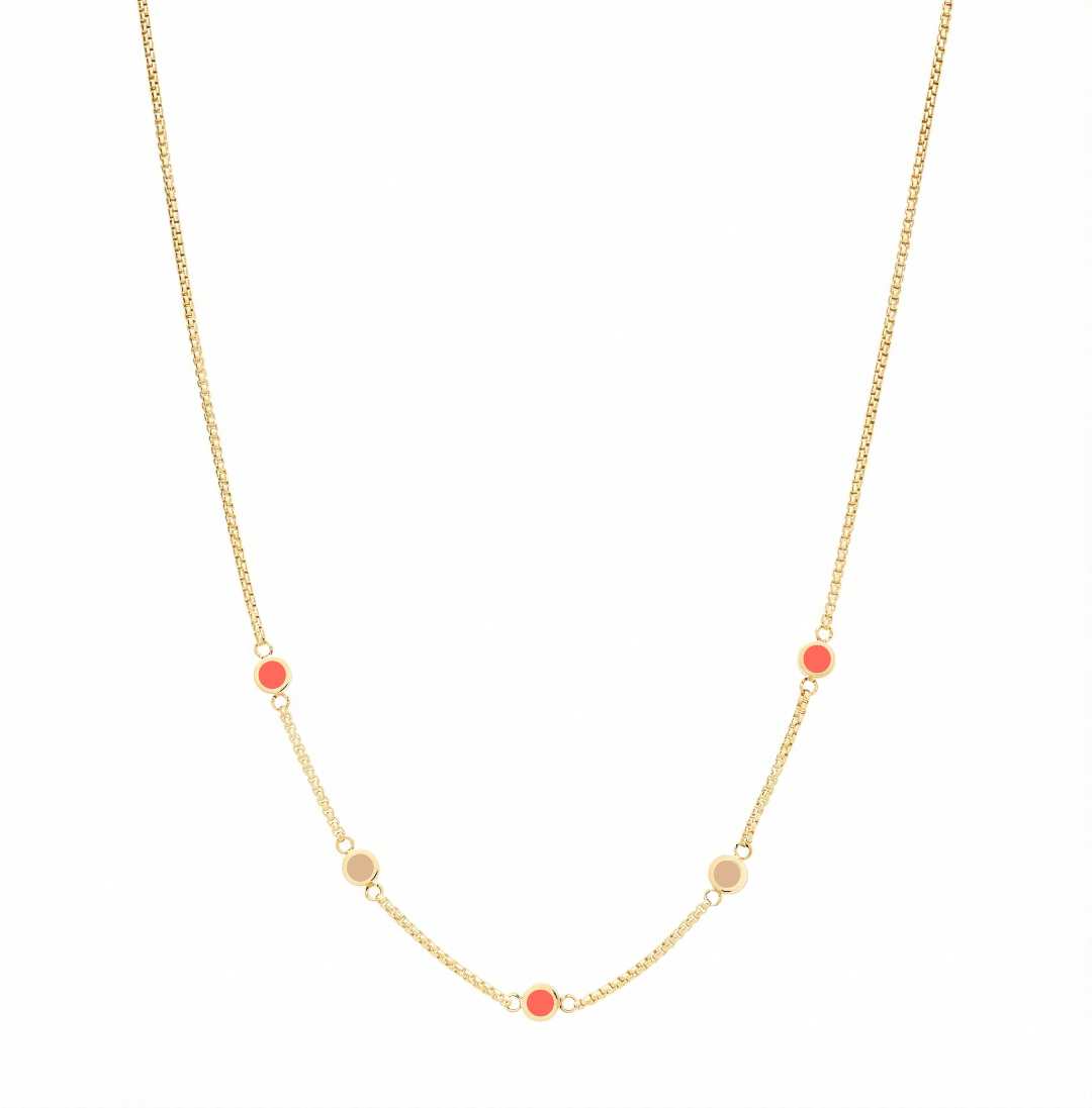 Gold-plated station necklace with five coral and beige enamel circle charms by Jason Hyde