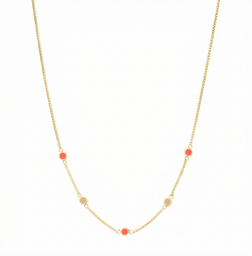 Gold-plated station necklace with five coral and beige enamel circle charms by Jason Hyde