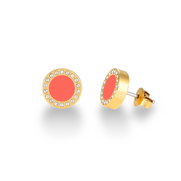 Gold-plated round stud earrings with coral enamel center and zirconia border by Jason Hyde