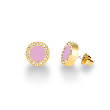 Gold-plated round stud earrings with fondant pink enamel center and zirconia border by Jason Hyde