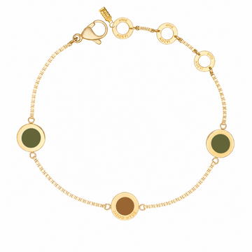 Gold box-chain bracelet featuring round olive green charm.