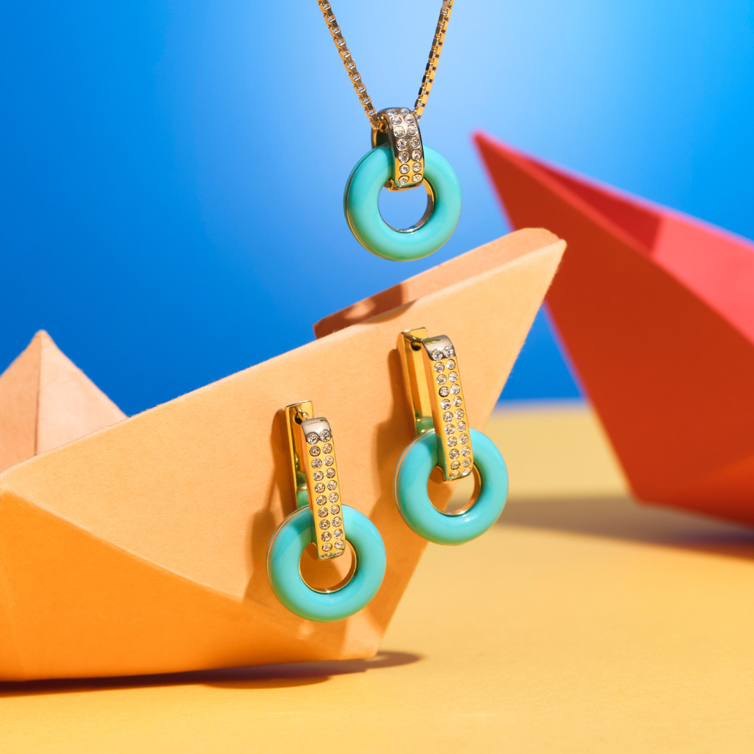 A set of Jason Hyde Lifesaver jewelry, featuring turquoise rings and zirconia