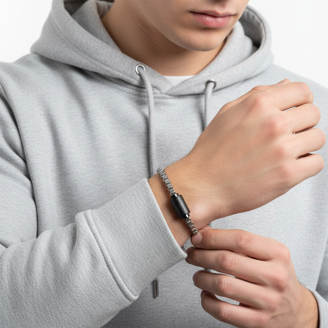 Men's sterling silver link bracelet with black cylinder on a model 