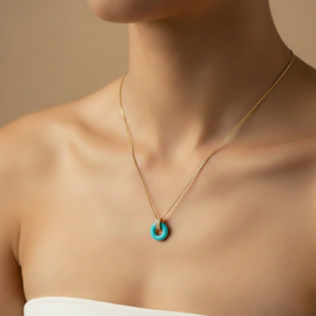 Women's gold vermeil necklace with turquoise enamel circle pendant jewelry.