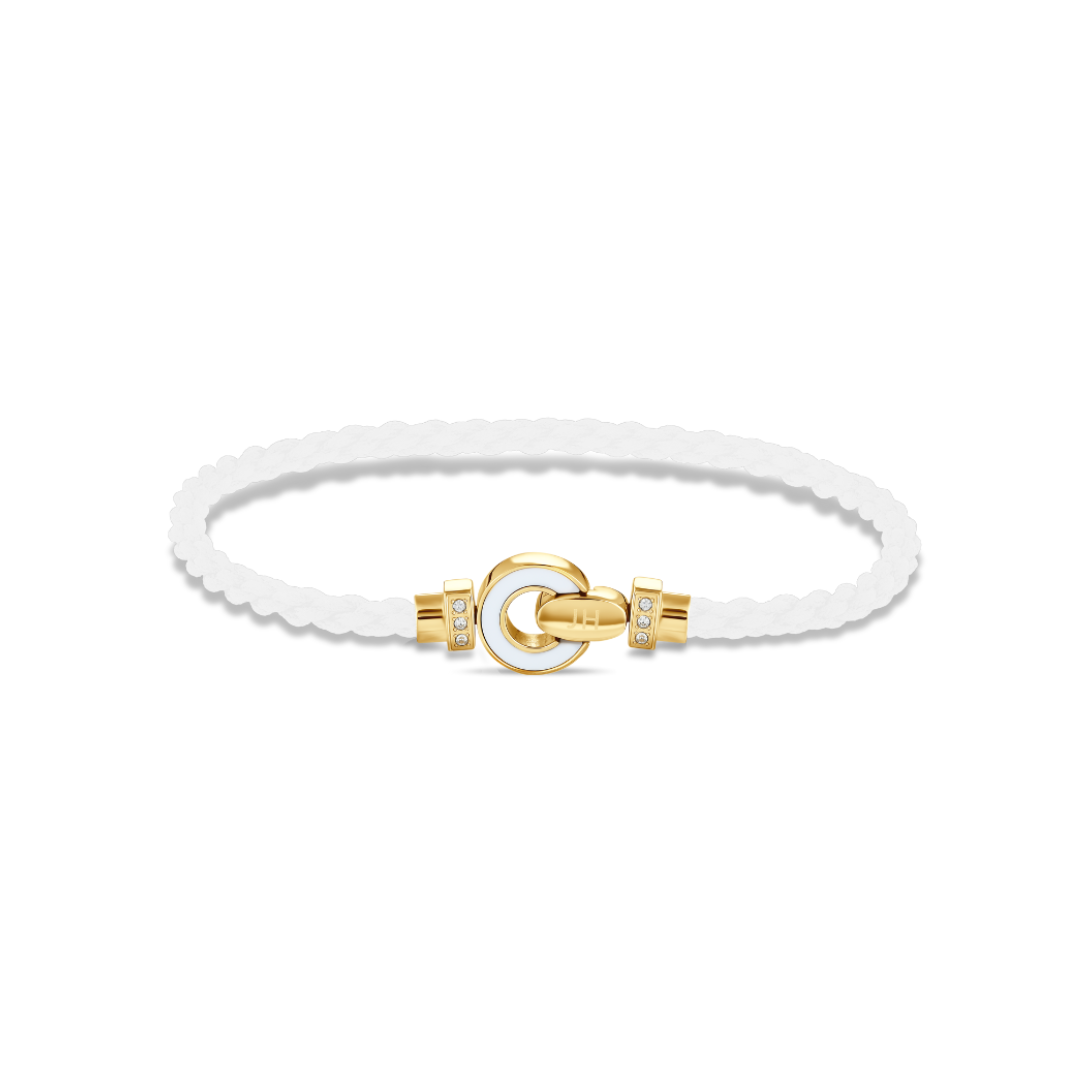 Eco-friendly white cord bracelet with gold-plated clasp and cubic zirconia