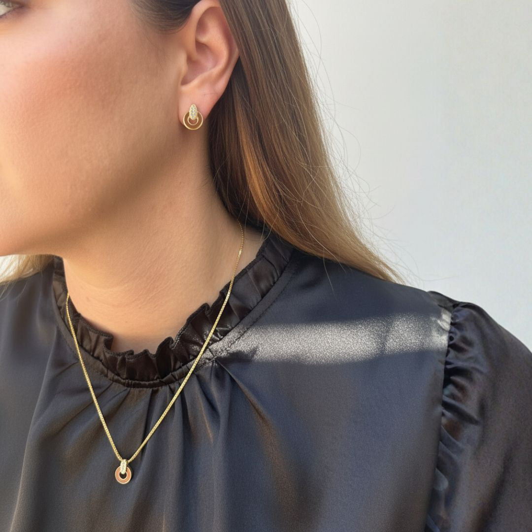 Nereida Nutshell Chip with Zirconia gold stud earrings and matching pendant necklace