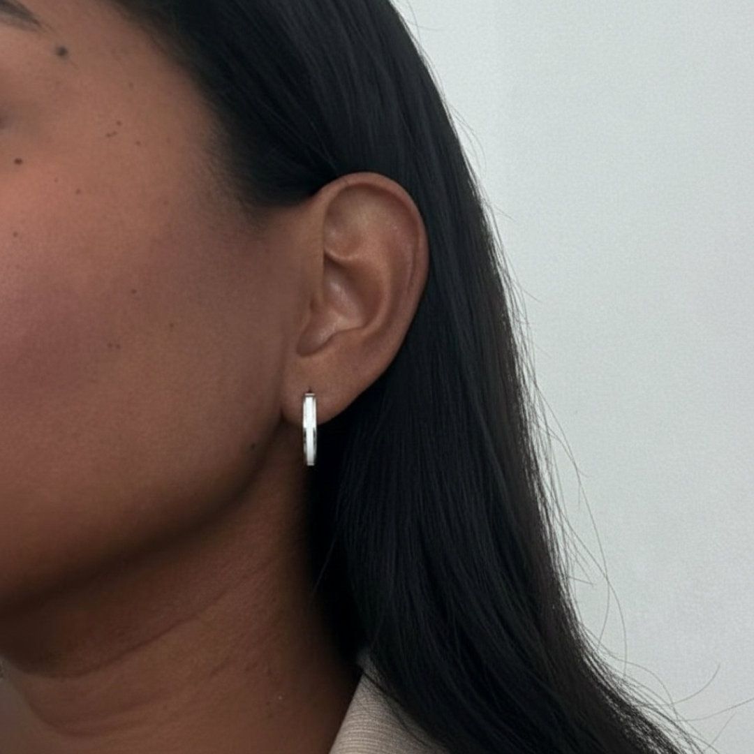 Minimalist silver and white enamel huggie hoop earrings for women