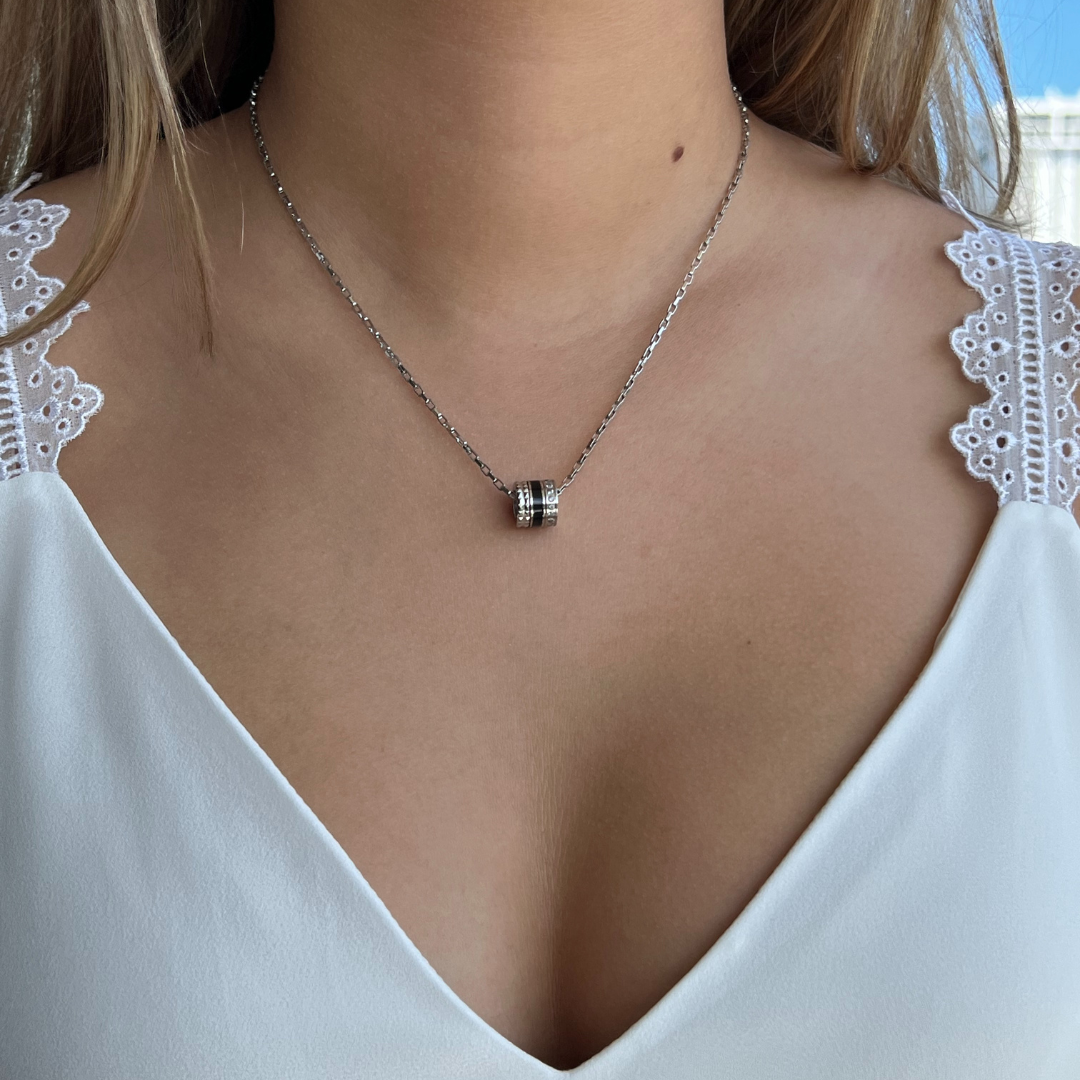 Elegant Jason Hyde necklace with black ocean plastic chip and sparkling zirconia
