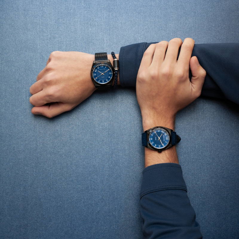 Elegant jason hyde '#uno' 40mm watch, blue dial and cordura strap, on wrist.