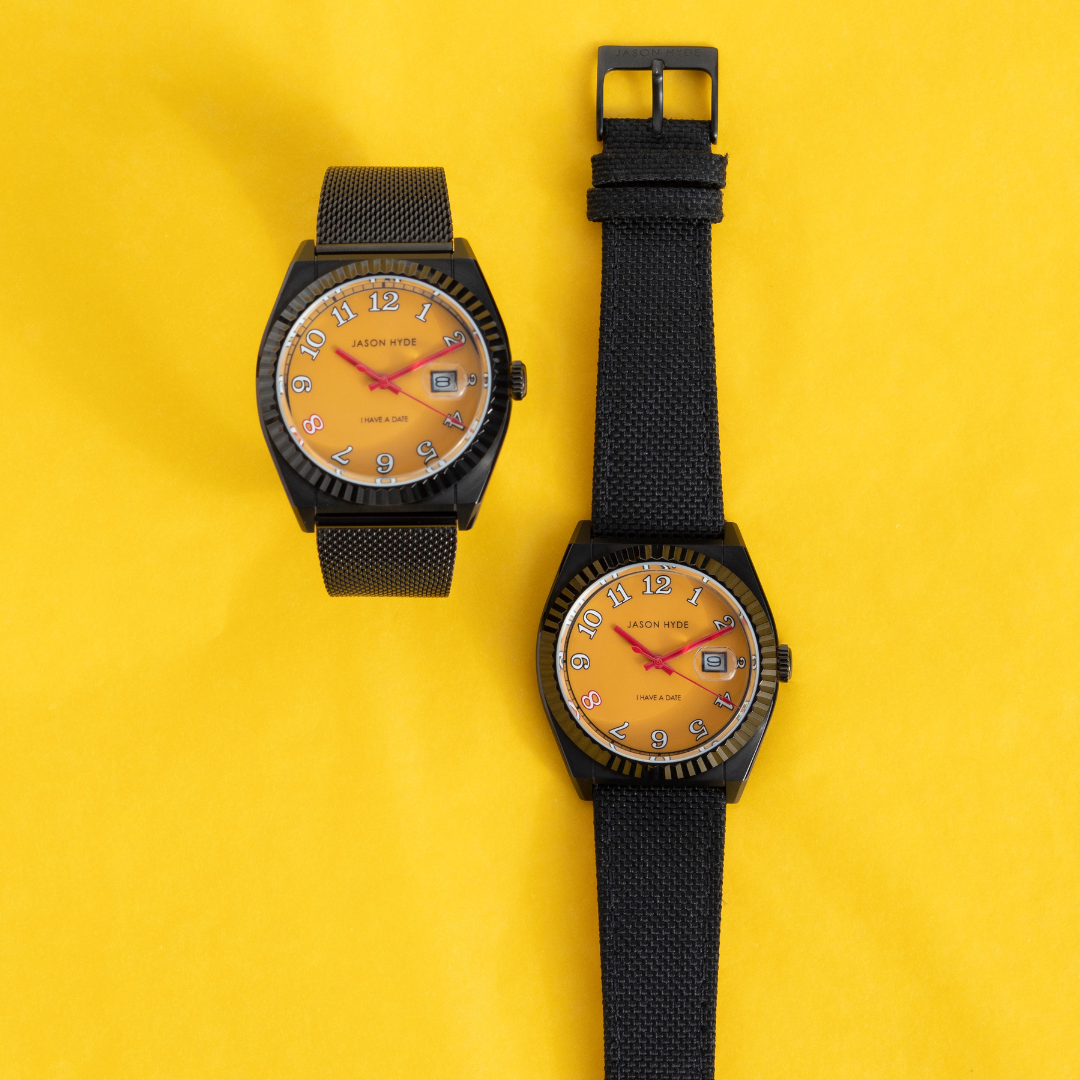 Jason Hyde 'i have a date' 40mm yellow dial watches, showing mesh and black strap options.