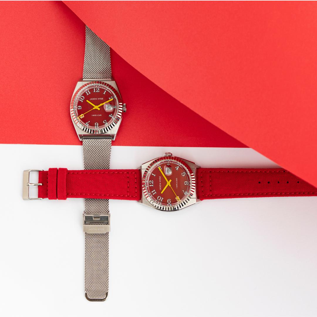 Bold jason hyde 'i have a date' 40mm red watch with cordura strap