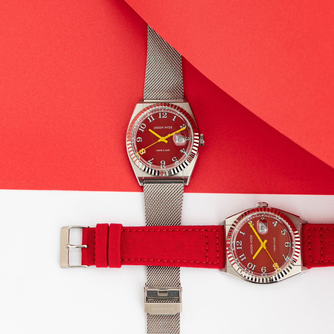 Jason Hyde 'i have a date' 40mm red dial watch, red cordura strap