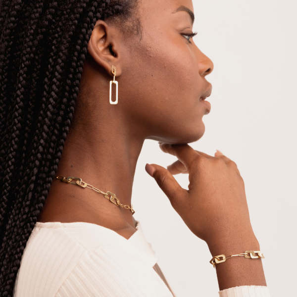 Gold-tone jewelry set: rectangular earrings and matching link bracelet and necklace