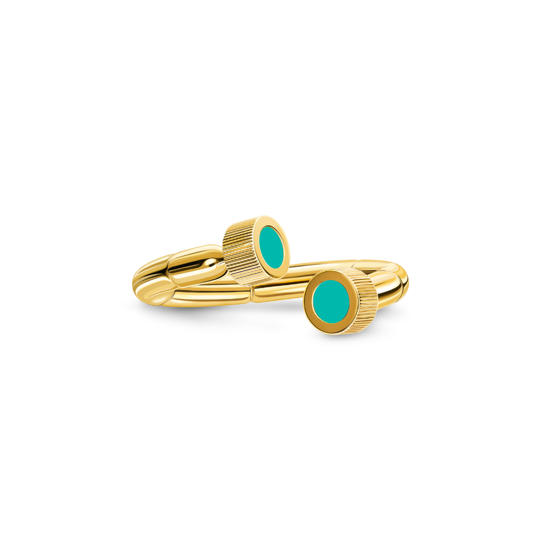 Modern gold ring featuring turquoise accents and a unique open design.