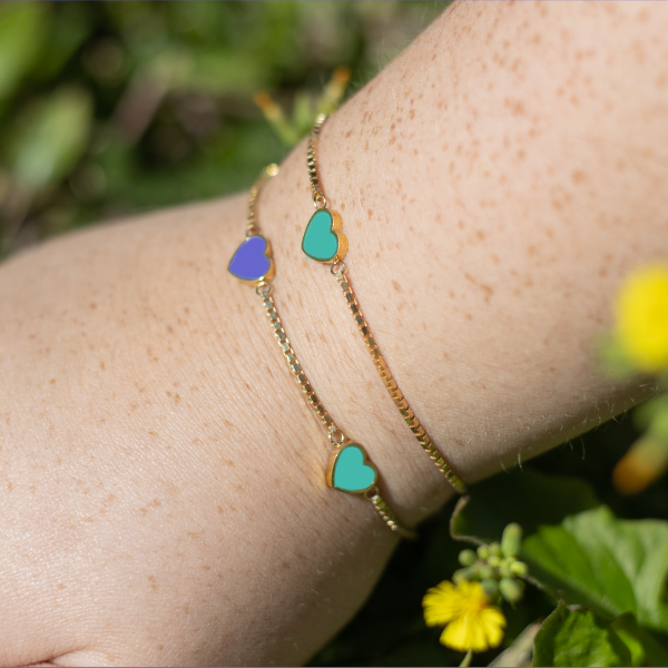 Gold chain bracelets with turquoise and persian blue recycled heart charms 