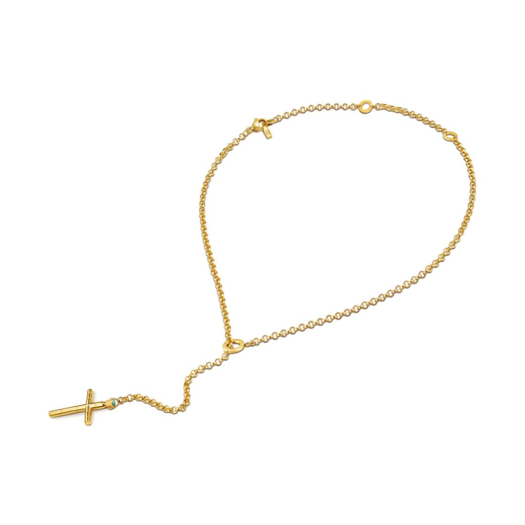 A simple gold chain necklace with a delicate horizontal cross pendant.