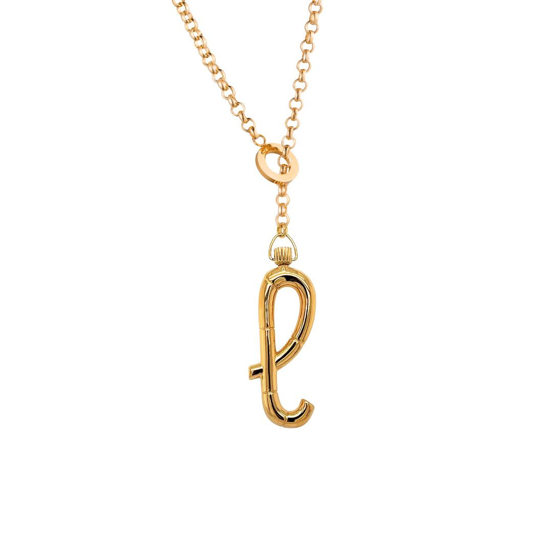 Delicate gold lariat necklace with an elegant 'l' letter pendant.