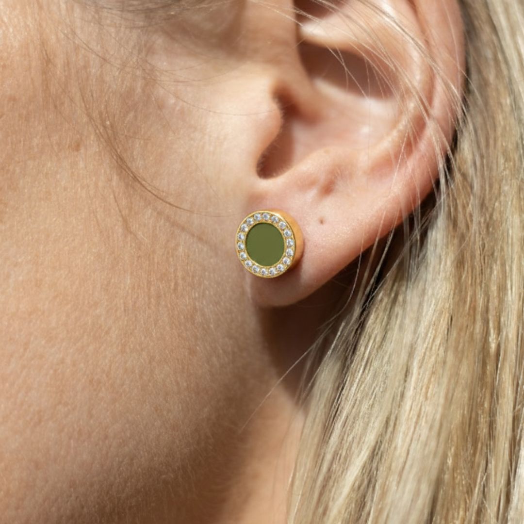 Jason Hyde Olive green and gold stud earring with zirconia