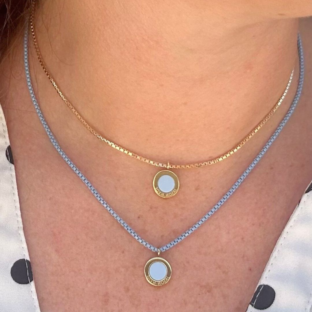 Ocean Chip Necklace on a woman's neck.