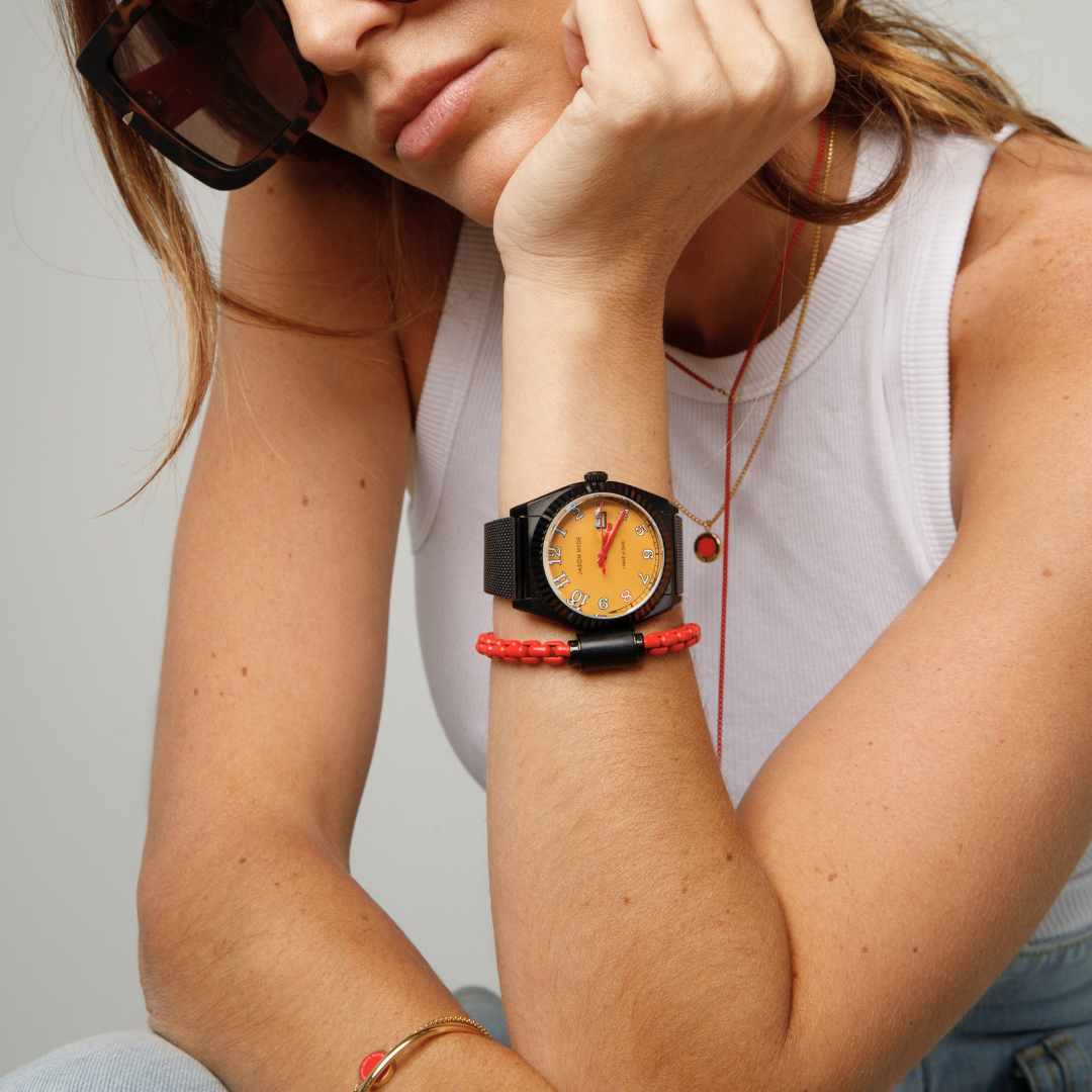 Jason Hyde 'I HAVE A DATE' watch on wrist, featuring yellow dial and black mesh strap