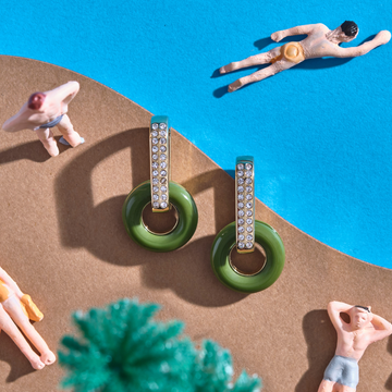 Gold drop earrings with green circles and crystal zirconia 