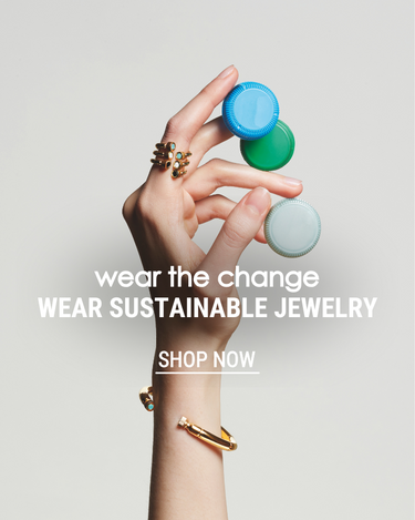 Wear the change, wear sustainable jewelry banner with shop now call to action, hand wearing seacap collection rings and bangle 