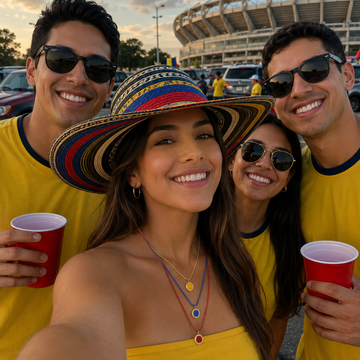 Colombia fans tailgating outside stadium, with woman wearing Jason Hyde Jewelry