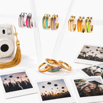 Jason Hyde colorful hoop earrings styled with graduation photos and gold jewelry accessories