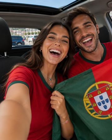 Couple celebrating football passion while wearing Jason Hyde jewelry and supporting Portugal