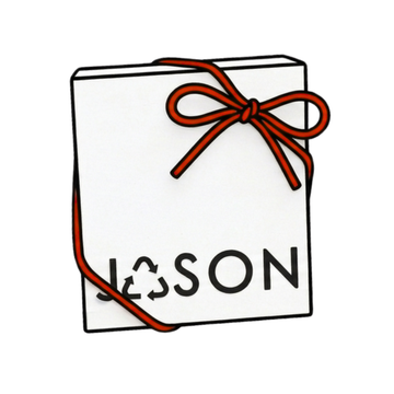 Jason Hyde sustainable and recycled jewelry gift box with a red ribbon and the brand logo with a recycling symbol.
