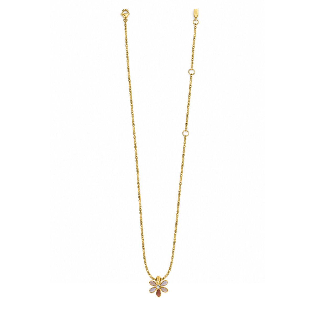 Gold-tone long necklace with flower pendant and bead-like chain details