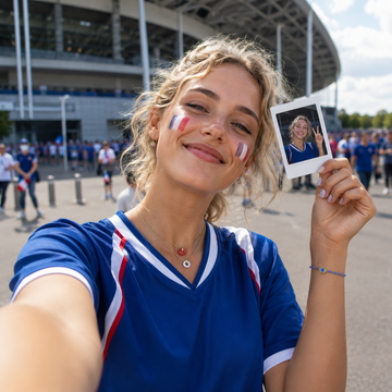 France fan taking a selfie outside stadium wearing Jason Hyde sustainable jewelry