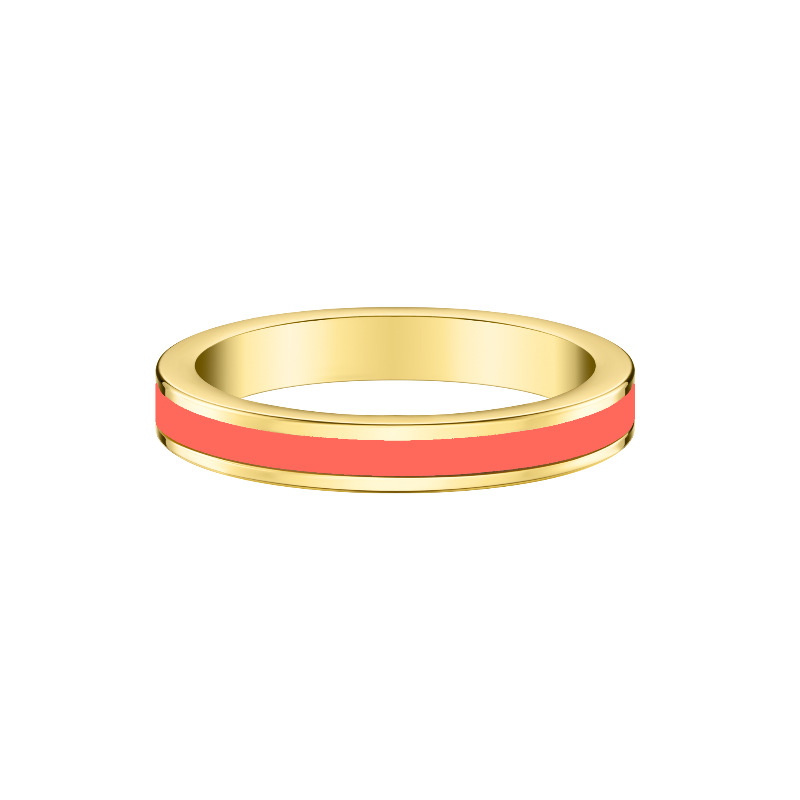 Slim gold ring with coral enamel detail by Jason Hyde on a neutral background.