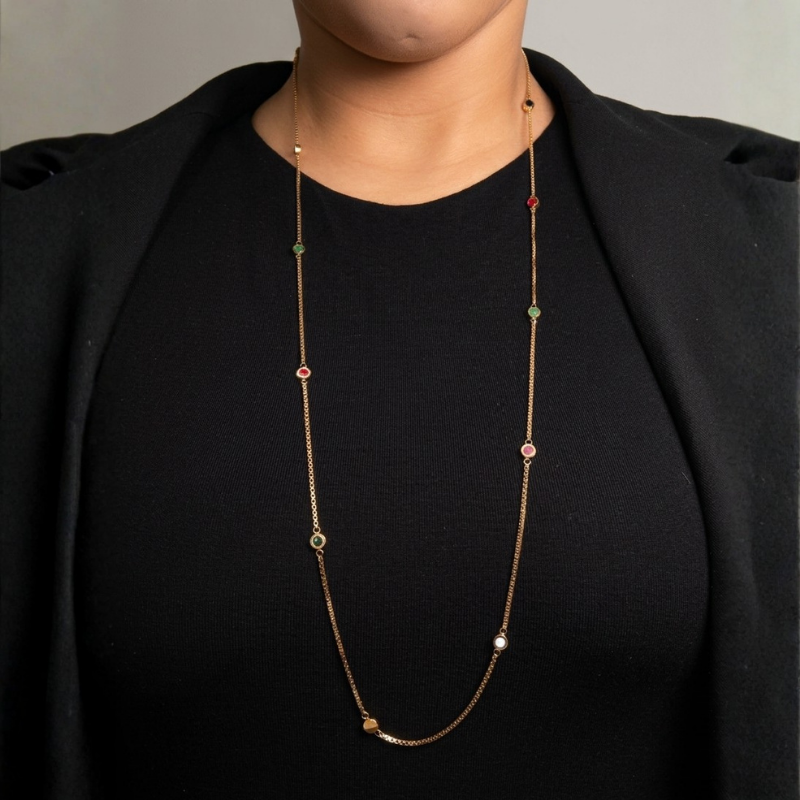 Jason Hyde long gold necklace with multi-color chips.