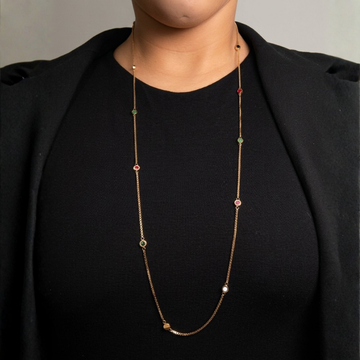 Jason Hyde long gold necklace with multi-color chips.