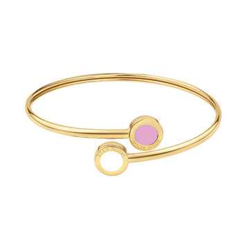Jason Hyde gold open bangle bracelet with pink enamel charm and minimalist design.
