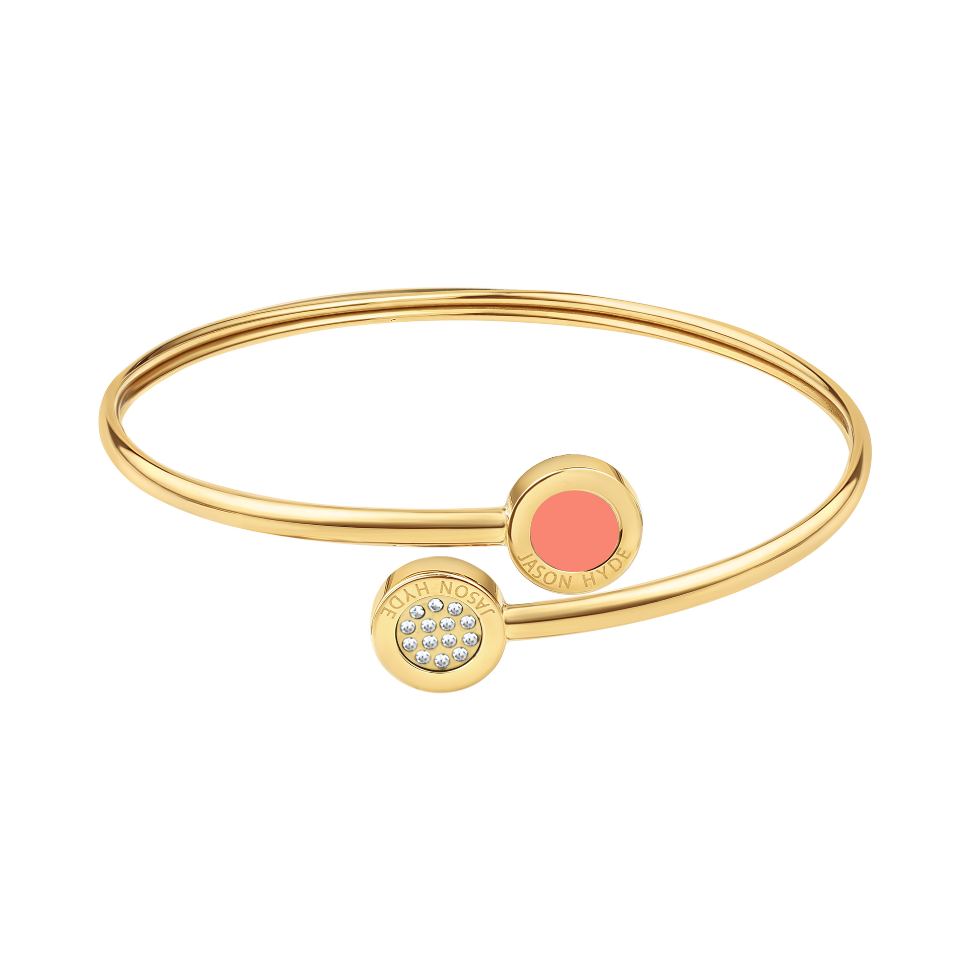 Jason Hyde gold open bangle bracelet with pavé crystals and coral enamel charm.