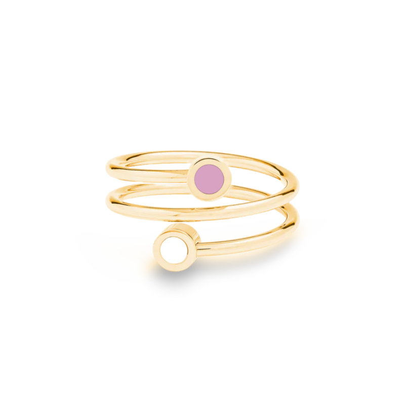 Jason Hyde gold spiral ring with pink and white enamel accents and minimalist design.