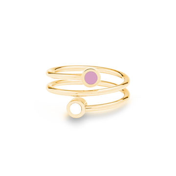 Jason Hyde gold spiral ring with pink and white enamel accents and minimalist design.