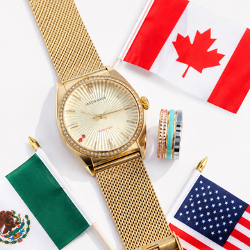 Elegant Jason Hyde gold watch with North American flags representing USA, Canada and Mexico