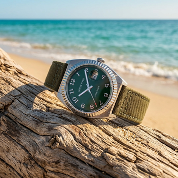 A Jason Hyde wristwatch with a green dial and olive strap resting on driftwood at a sunny beach