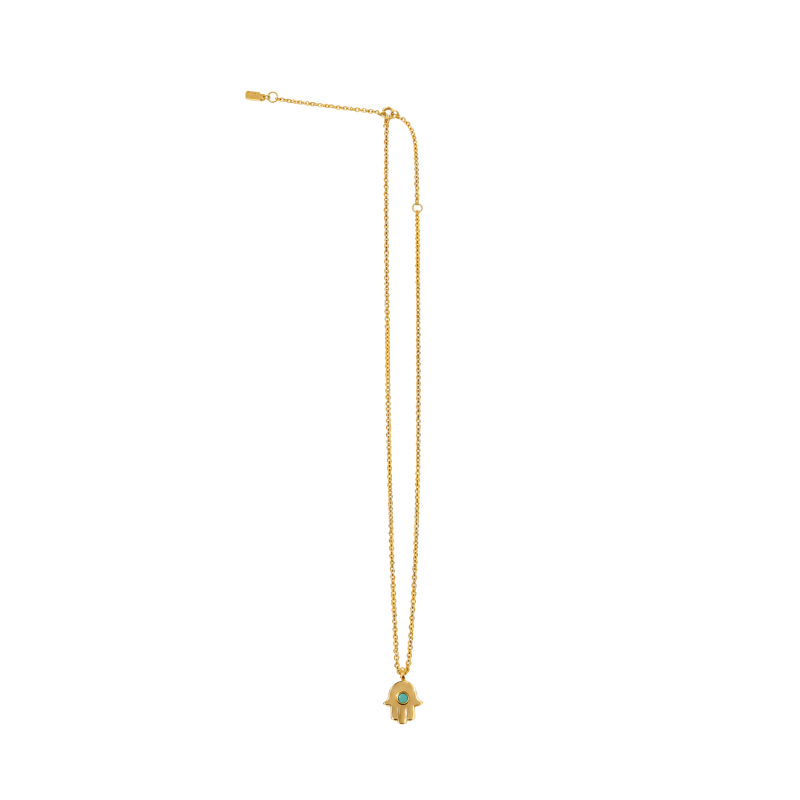Jason Hyde gold Hamsa hand pendant necklace with turquoise ocean plastic chip.