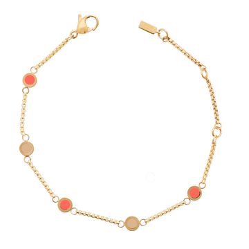 A Jason Hyde gold-tone chain bracelet featuring multiple small circular charms in alternating coral and beige enamel