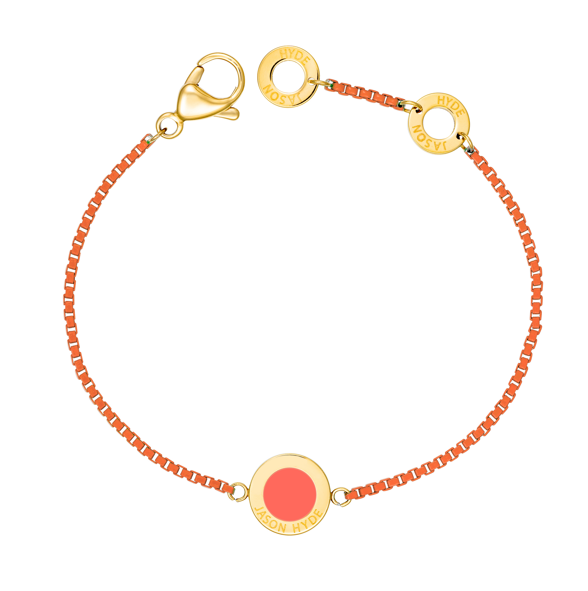 An image showing a Jason Hyde cord bracelet made of textured coral material with gold-tone accents.