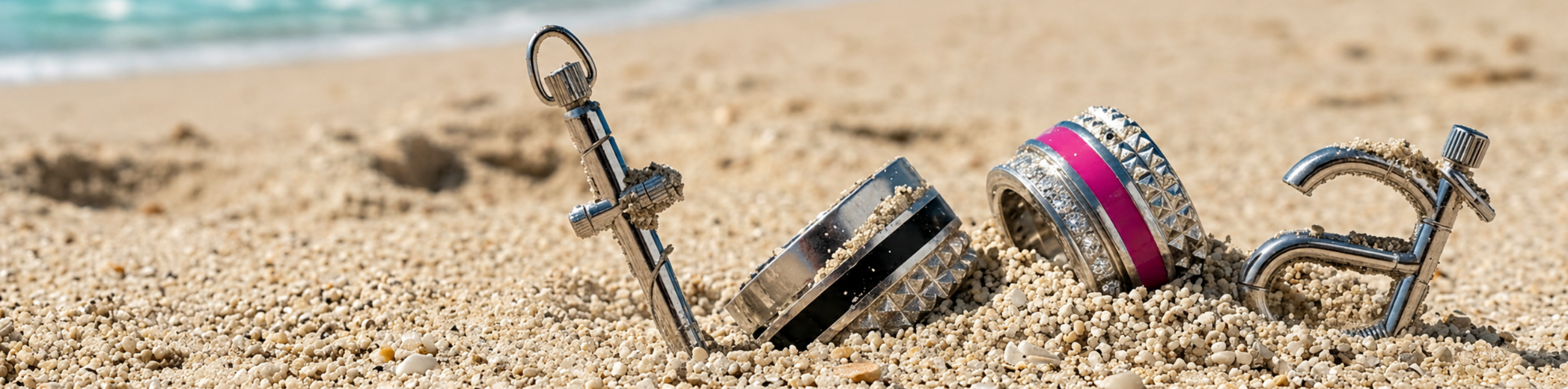 Silver pendants partially buried in beach sand with ocean background.
