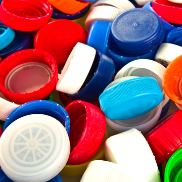 Collection of colorful upcycled plastic bottle caps