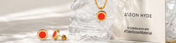 Red coral enamel gold jewelry set with crushed plastic bottle 